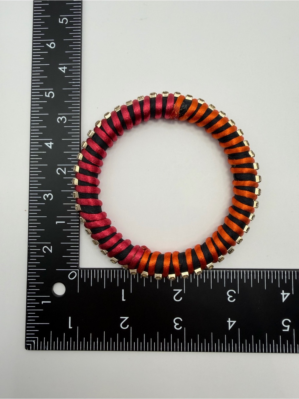 Orange Hot Pink Silk Thread Bangle | Rhinestone Chain Border Statement Bangle - Picture 10 of 14